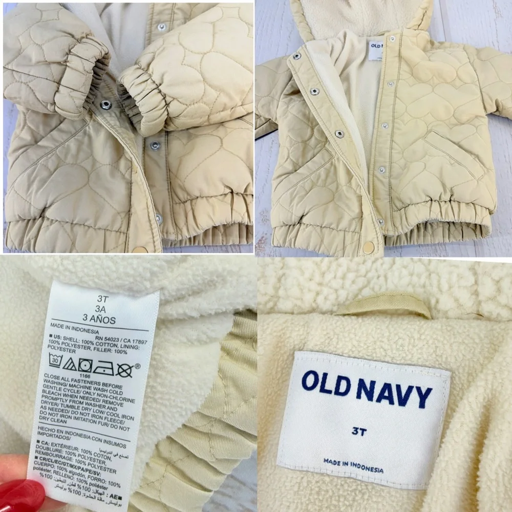 Old Navy‎ Toddler Quilted Hooded Jacket 3T Cream Fleece Lined